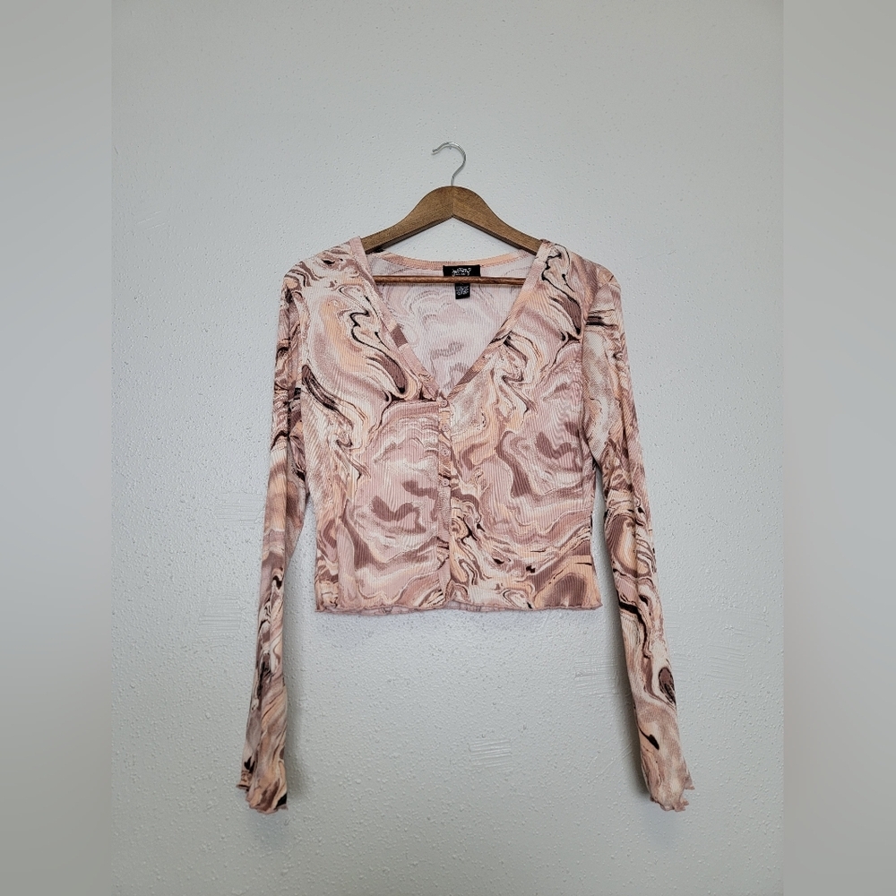 Just Polly Marble Print Long Sleeve Crop Top Blouse